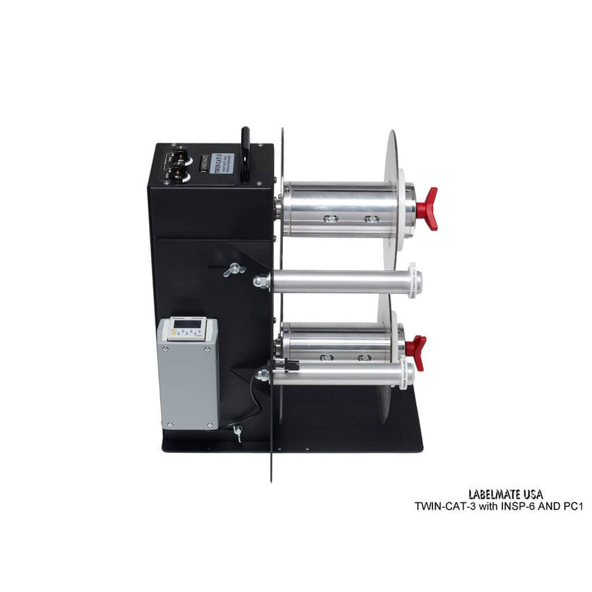 Labelmate Vertical Rewind Station with independent, bi-directional rewind/unwind control TWIN-CAT-3-Rewinders-CardBoardCore